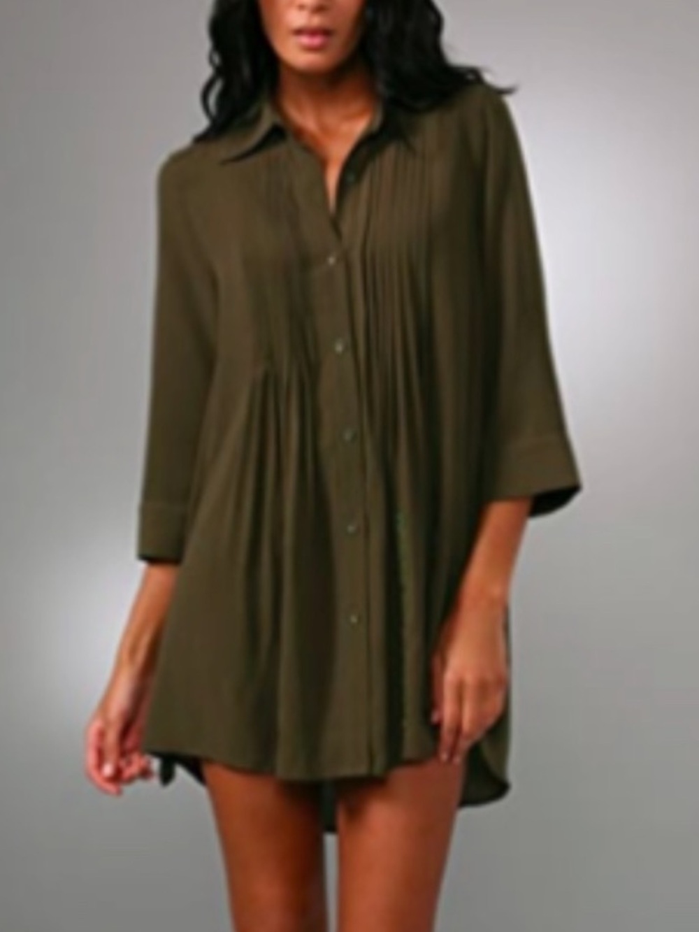 Alice + Olivia Army Green Pintuck Button-Front Crepe Shirt Dress Tunic Sz S